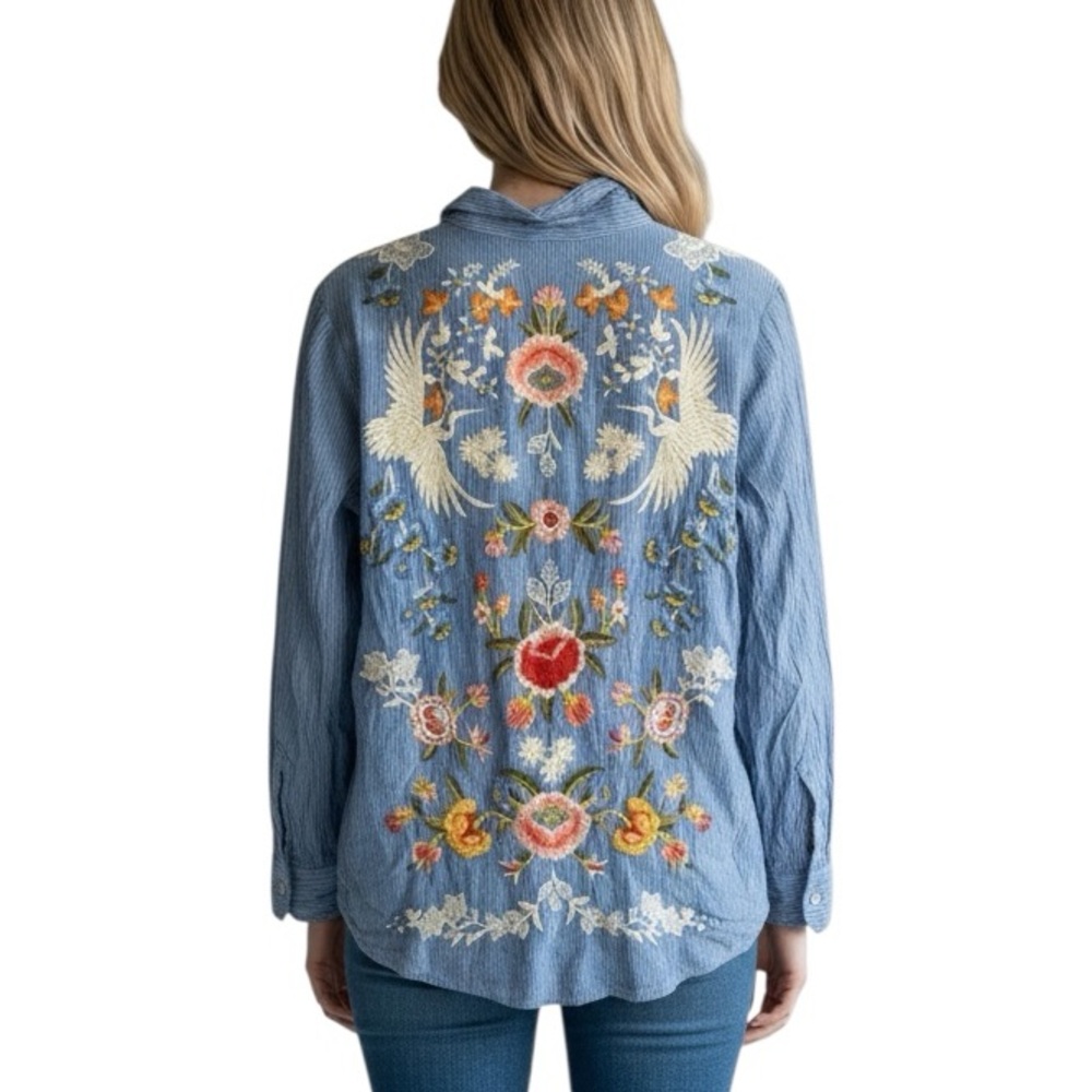 Johnny Was Crane Embroidered Blue Pinstripe Button Down Shirt Sm Boho Luxe RARE